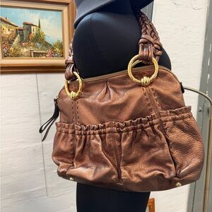 Metallic Bronze Leather B Makowsky Shoulder Bag with Gold Accents